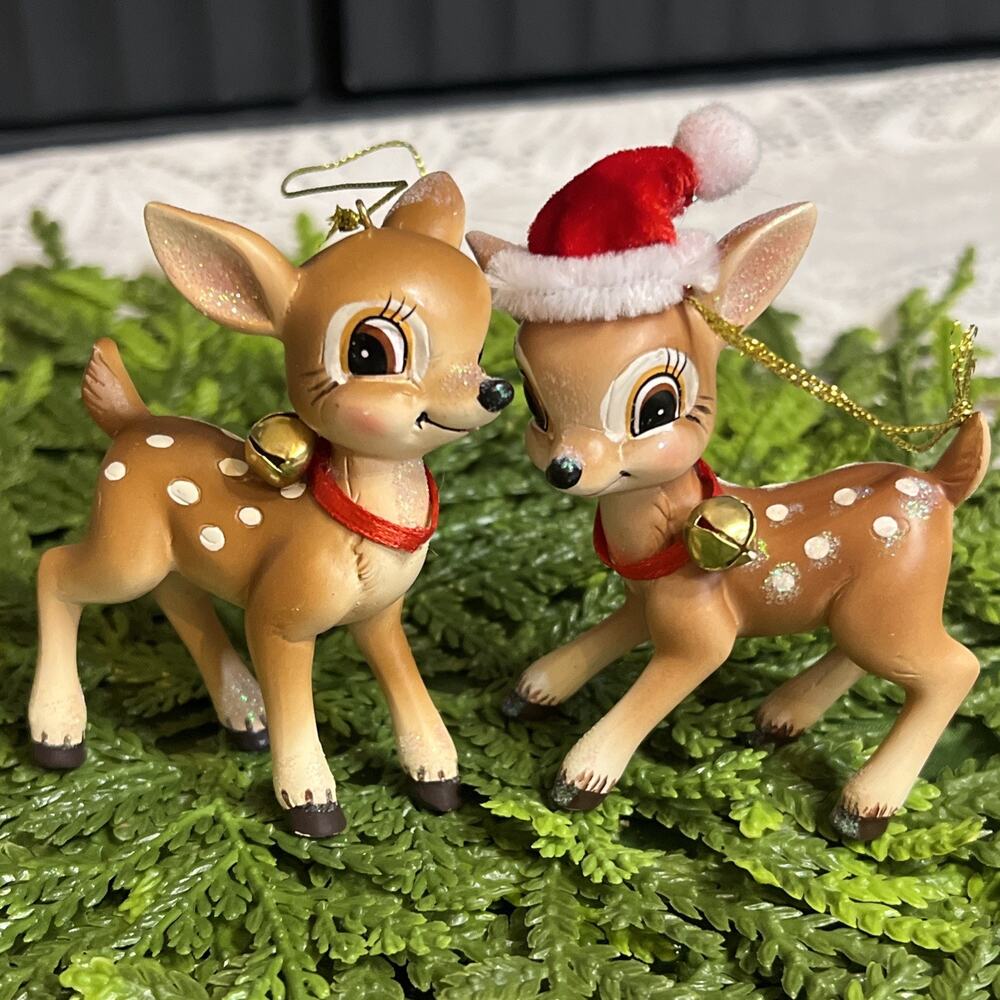 Retro Inspired Set of 2 Deer Reindeers Vintage Christmas Ornaments Bells Fawns